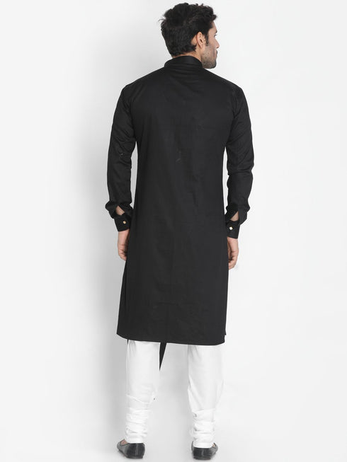 Vastramay Men's Black Cotton Satin Blend Kurta and Churidar Set